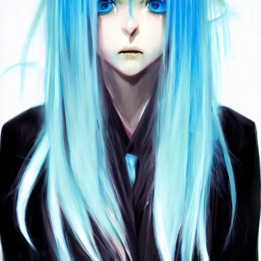 Image similar to full face shot of rimuru tempest, sky blue straight hair, long bangs, with amber eyes, wearing a fancy black jacket, high collar, ultra detailed, brush strokes, digital painting, cinematic, wlop artstation, closeup, pixiv, eerie, scary, intimidating glare, evil, yoshitaka amano, junji ito,