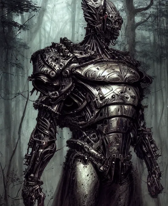 Image similar to 5 5 mm close up portrait photo of an armored biomechanical demonic superman looking at the camera, in a magical forest. dark atmosphere. art by greg rutkowski and luis royo. highly detailed 8 k. intricate. lifelike. soft light. nikon d 8 5 0.