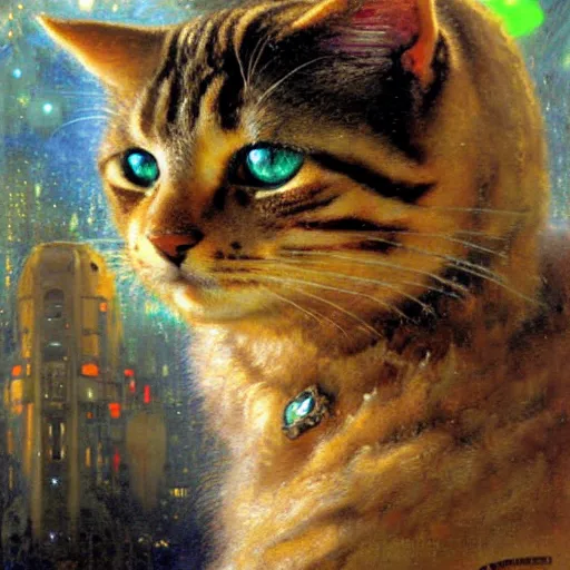 Image similar to a portrait of a humanoid fluffy tabby cat feline with green human eyes wearing a space suit. shadowrun cyberpunk fantasy highly detailed painting by gaston bussiere craig mullins jc leyendecker gustav klimt artgerm greg rutkowski john berkey, bergey, craig mullins, ruan jia, raymond swanland, jeremy mann, tom lovell, alex malveda