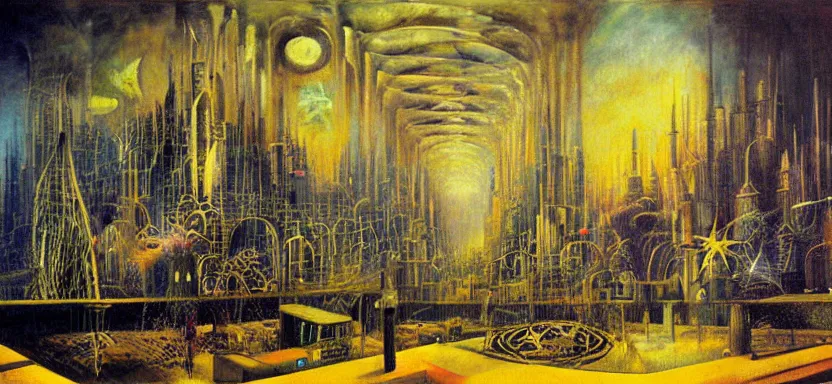 Image similar to beautiful masterpiece painting of a futuristic city under the sea, cyberpunk, by Remedios Varo 8k,