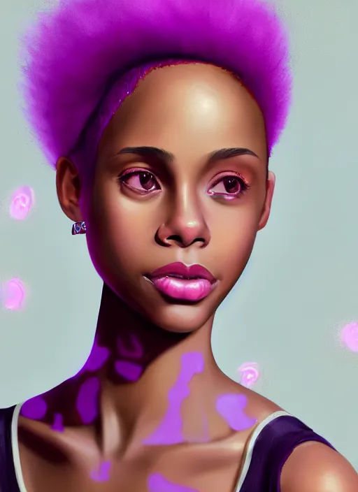 Image similar to portrait of vanessa morgan, black teenage girl, pink hair, wavy pixie haircut, purple newsboy cap, fluffy pink hair coming out from under cap, hoop earrings, subtle confident smile, intricate, elegant, glowing lights, highly detailed, digital painting, artstation, concept art, sharp focus, illustration, art by wlop, mars ravelo and greg rutkowski