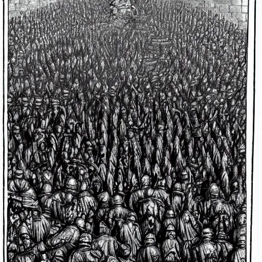 Prompt: pencil illustration. a billion psykers lined up to be sacrificed to the emperor.