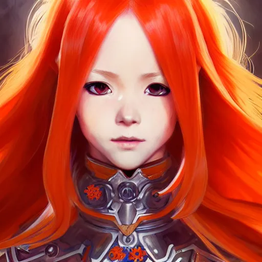 Image similar to Asuna Yuuki, Portrait of a girl with orange hair wearing a partial paladin armor with a red skirt and white top, face, fantasy, intricate, elegant, highly detailed, digital painting, artstation, concept art, smooth, sharp focus, illustration, art by Fernanda Suarez and Artem Demura and alphonse mucha