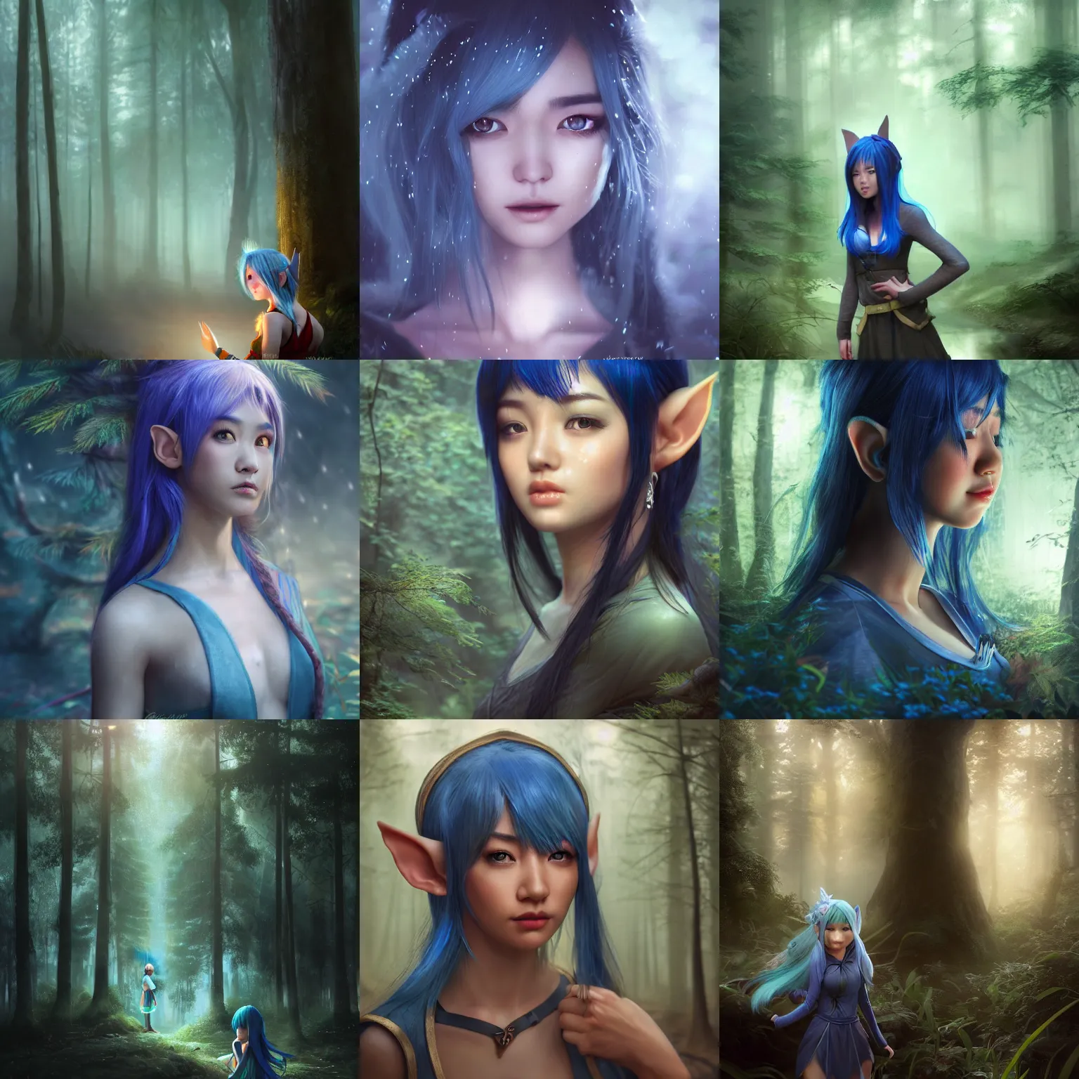 Prompt: breathtaking photorealistic concept art of beautiful young Asian elf woman with elf ears and blue hair in a hazy forest at night in the rain, dark and moody lighting, brilliant use of light and shadow, by Artgerm, cinematic, epic scene, 8K, Octane render, trending on Artstation