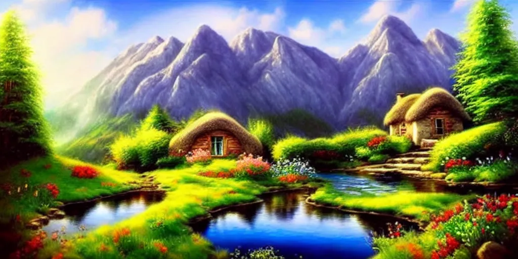 Image similar to a beautiful fantasy landscape, mountain in background, little cottage, small pond, some trees in the corner. hyper realism