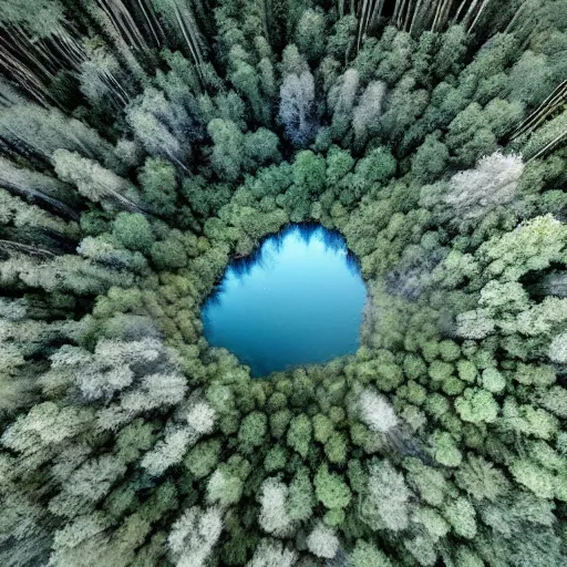 Image similar to a large sinkhole in the middle of a forest, aerial view, creepy