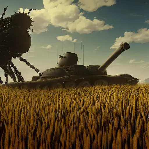 Image similar to a high resolution very detailed image from nier : automata of the russian tank final boss fight, in yellow rye field under blue sky