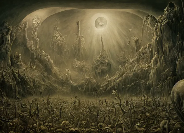 Prompt: matte painting in the style of hieronymus bosch, leonora carrington and zdzislaw beksinski : : intricate detailed study of a wild, psychedelic nightmare full of imaginary creatures : : ultra - detailed technical precision : : high definition 3 d render, unreal engine, 4 k, hi - res textures