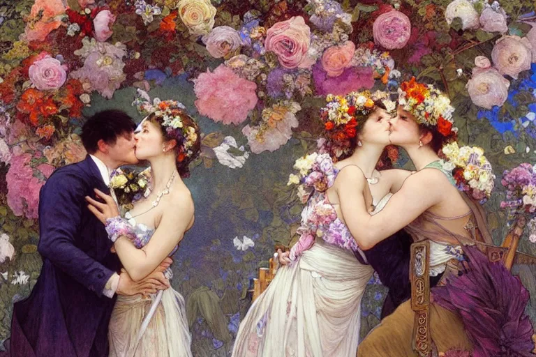 Image similar to the groom kisses the bride at a wedding full of flowers, bright and happy, dreamlike art, highly detail, 4 k realistic, wedding photoy krenz cushart. artem demura. alphonse mucha. yoji shinkawa artgerm. jon lothian. danilo torres. adi meyers. thomas reimann. gaston bussiere.