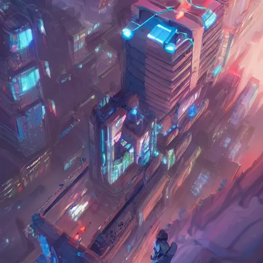 Prompt: Overhead view+dog leaping into a cybernetic city+title shift+detailed+digital art+artstation +concept art,by rossdraws n-4