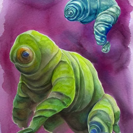 Image similar to tardigrade painting, soft lighting, dappled light, watercolor and colored pencil, vegetarian