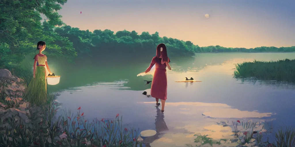 Prompt: A medium shot painting of a beautiful girl walking by the lake while holding her pet Green Head Mallard Duck, with paper lanterns rising in the sky, dusk, by Studio Ghibli