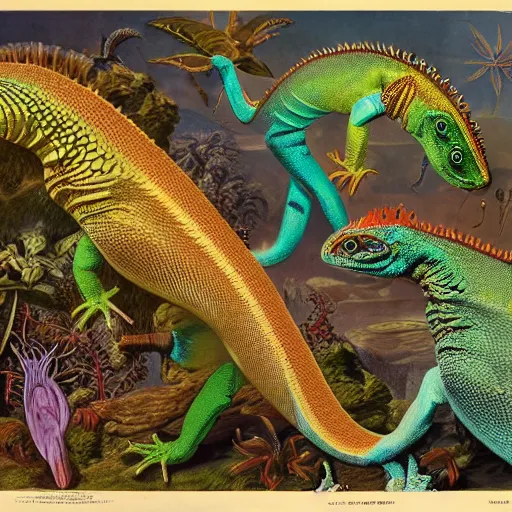 Prompt: dancing lizards by ernst haeckel, highly detailed matte painting, 8k