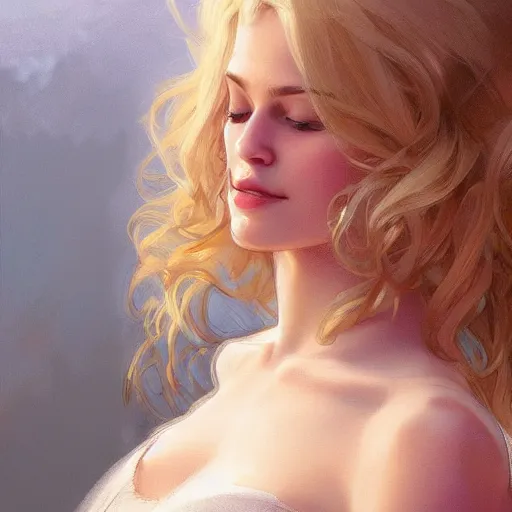 Image similar to A pregnant blond lady with closed eyes smiling, very detailed sharp angular masculine face, hooked nose and square jaw long fluffy curly blond hair, light blond hair, gorgeous, beautiful, intricate, highly detailed, digital painting, artstation, concept art, sharp focus, illustration, art by greg rutkowski and alphonse mucha