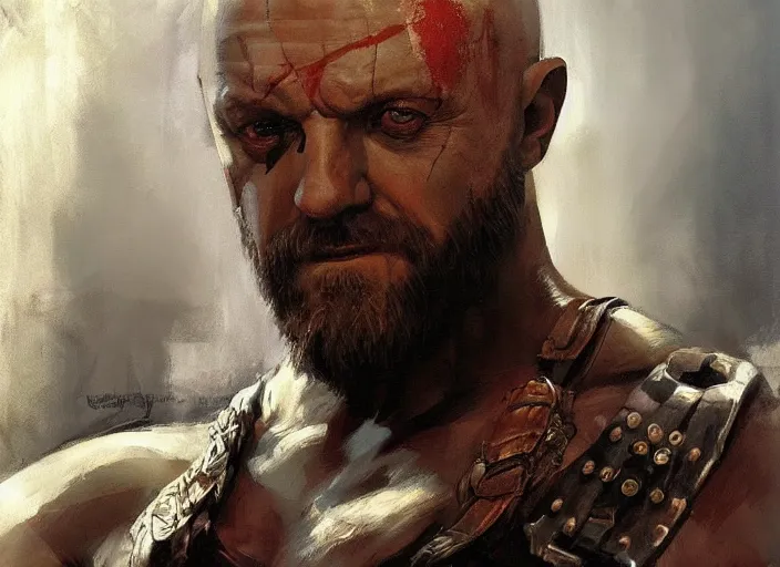 Image similar to a highly detailed beautiful portrait of anthony hopkins as kratos by gregory manchess, james gurney, james jean