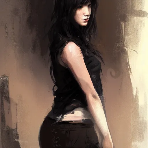 Image similar to Portrait of a woman by Greg Rutkowski, she is about 30 years old, mixture between korean, indian and arabian, pretty, black straigh hair with bangs, attractive, tall and slim, she is wearing a black tank top, highly detailed portrait, scifi, digital painting, artstation, concept art, smooth, sharp foccus ilustration, Artstation HQ