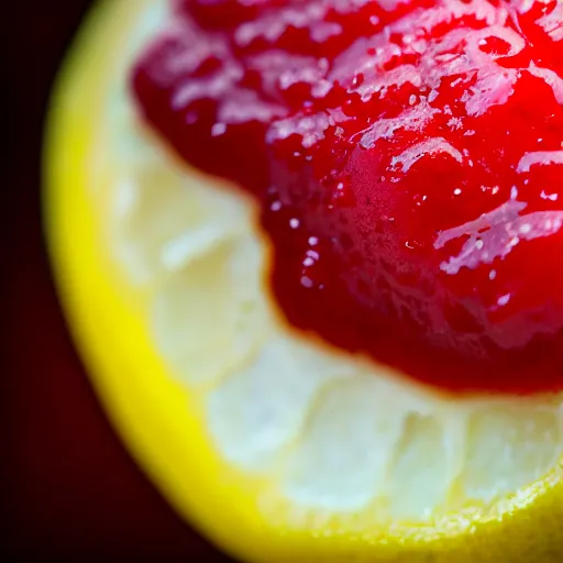 Image similar to close - up shot of a lemon covered in strawberry jam, macro lens, depth of field