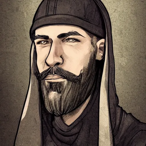 Image similar to 4 0 years old man, skinny, slim : : goatee beard, smiling : : hooded cloak : : medieval city, night, dark, grim, high detail, digital art, rpg, illustration