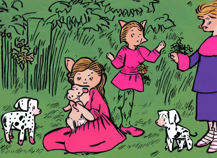 Prompt: antifa girl and a piglet and a duchess and a baby dalmatian hanging out in a garden. vintage comic style drawing