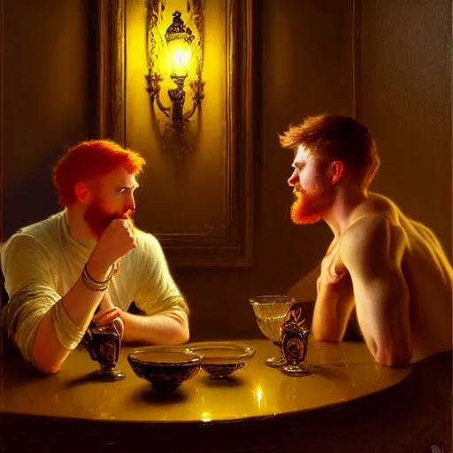 Image similar to attractive male mike with ginger hair and attractive male tyler with brunet hair, drinking their hearts out, in their noble mansion, at night. highly detailed painting by gaston bussiere, craig mullins, donato giancola, j. c. leyendecker 8 k