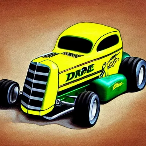 Prompt: hot rod john deere tractor, style of stanley mouse, detailed, lowbrow hot rod art, painting