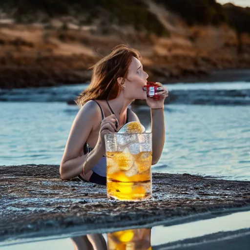 Image similar to a woman drinking gin and tonic on the beach, sunset, photography, 4 k,