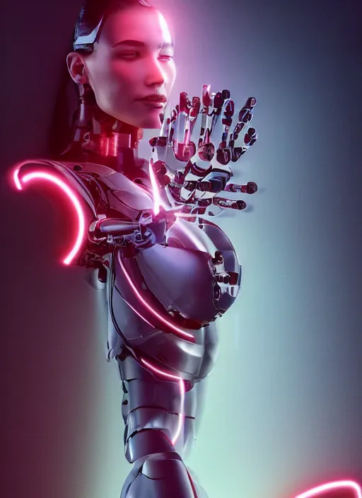 Image similar to photorealistic detailed full body picture of a female cyborg, pretty face with arms and legs and feet and hands, complete body, glamour pose, neon lights, humanoid, extreme, uhdr, book called the most influental cyborg in 2 0 5 0, fine details, highly detailed, intricate, smooth sharp focus, symmetrical features, environmental portrait, realistic render