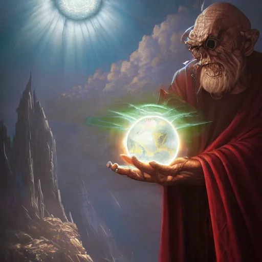 Image similar to the creator of worlds wearing a cloak and holding a holographic planet projection in his hand, detailed, sci - fi, digital painting, artstation, sharp focus, illustration, ominous, artgerm, tomasz alen kopera, peter mohrbacher, donato giancola, joseph christian leyendecker, wlop, frank frazetta