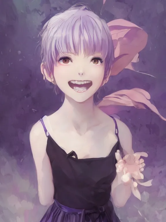 Image similar to An anime portrait of a smiling girl with short lavender hair and eyes, wearing a dark dress, young child, medium shot, whole head, trending on artstation, by Stanley Artgerm Lau, WLOP, Rossdraws, James Jean, Andrei Riabovitchev, Marc Simonetti, and Sakimi chan