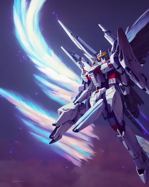 Image similar to highly detailed vfx portrait of an angelic gundam with wings of feathers beam saber fighting in space with a beam gun, unreal engine, greg rutkowski, loish, rhads, beeple, makoto shinkai and lois van baarle, ilya kuvshinov, rossdraws, tom bagshaw, alphonse mucha, global illumination, detailed and intricate environment