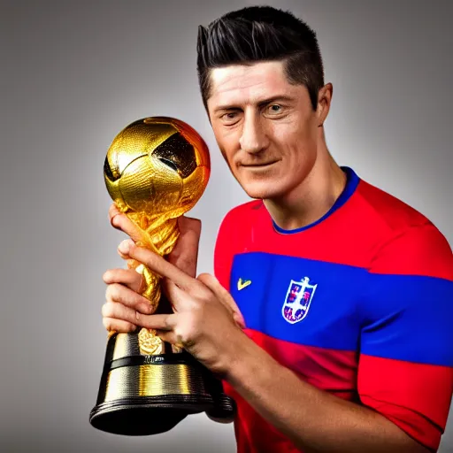 Image similar to portrait of Robert Lewandowski in polish national team t shirt holding World Cup trophy, 4k, hq, high details, natural light, perfect quality, professional photography, award winning photo, a lot of details, perfect face