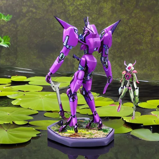 Image similar to evangelion combat mecha with a realistic nymphaea waterlily head stepping out of a pond holding sci - fi weapons. floral amphibious power armor with waterlily helmet and hard surface exoskeleton. bandai box art, 8 k hd resolution, r / mecha