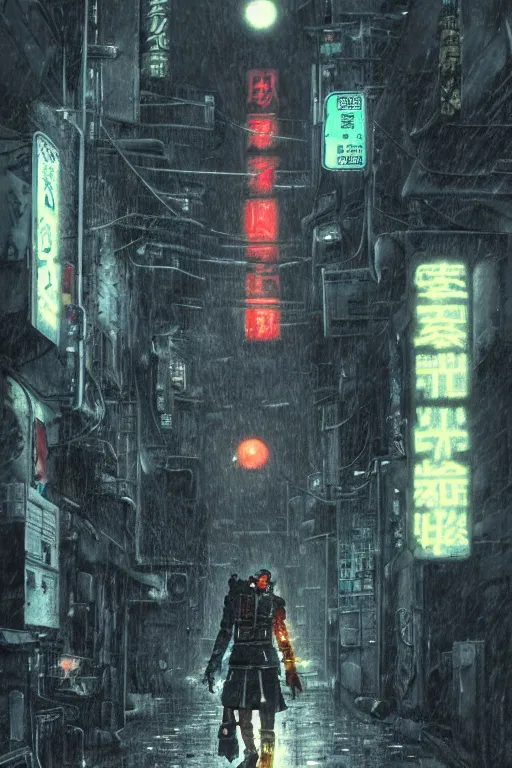 Prompt: a cyberpunk samurai in a raining cobblestone alleyway in tokyo, neon lights, full moon, fog cinematic greg rutkowski anime art hunter x hunter togashi