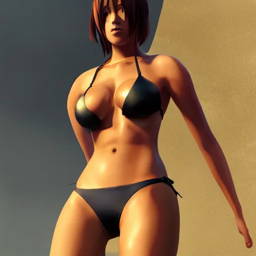 Image similar to a full body portrait of a anime cat girl in a bikini, islandpunk, unreal engine, ArtStationHQ, greg rutkowski