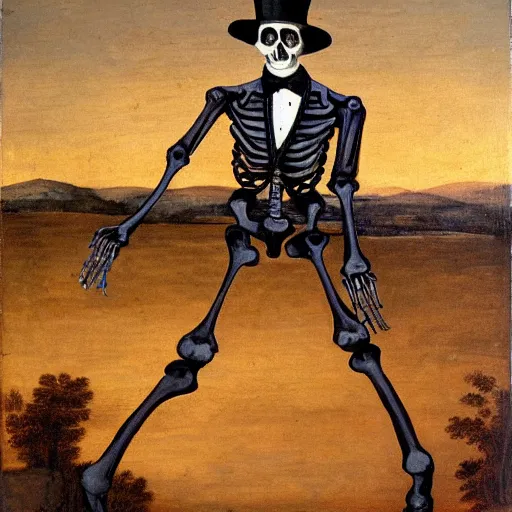 Image similar to Renaissance oil painting of skeleton wearing a suit and top hat at sunset.