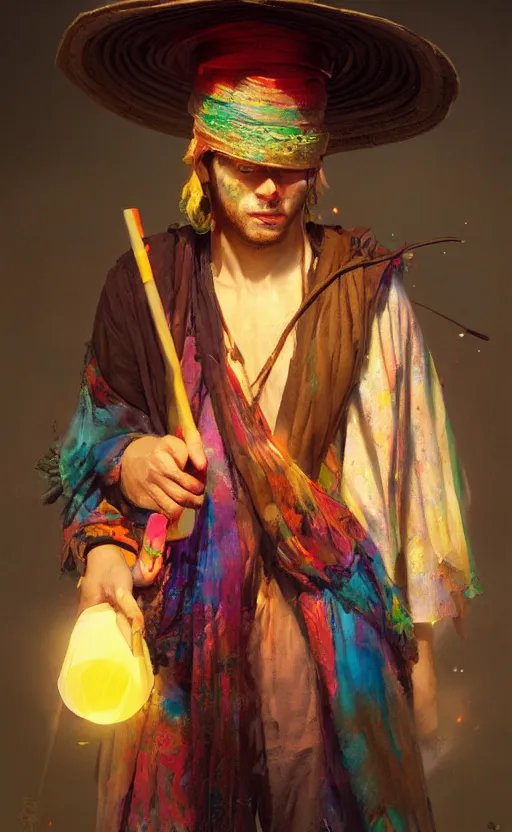 Prompt: portrait of a blindfolded man wearing multicolored robes, large straw hat, fantasy, highly detailed, cinematic lighting, digital art painting by greg rutkowski