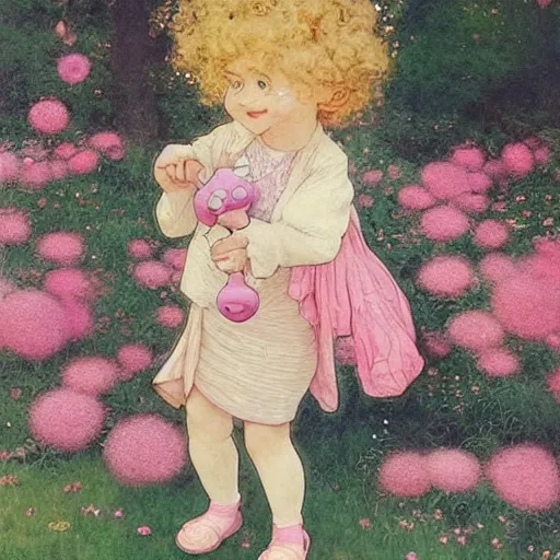 Image similar to a beautiful smiling little [[[[[[[[blonde toddler]]]]]]]]] girl with short loosely curly hair, at the park on a beautiful day, holding a round all-pink stuffed penguin, by Artgerm, Mucha Klimt, Hiroshi Yoshida and Craig Mullins, featured on Artstation, CGSociety, Behance HD, Deviantart