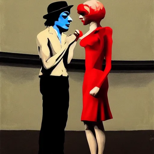 Image similar to edward hopper and mimmo rottela and banksy as joaquin phoenix skinny joker holding hand lady gaga harley queen, medium shot, ultra photorealistic, extreme realistic, intricate details, pop art style, concept art, confident, love, random object movement, 3 colours, warm color, 4 k, ultra smooth, sharp focus