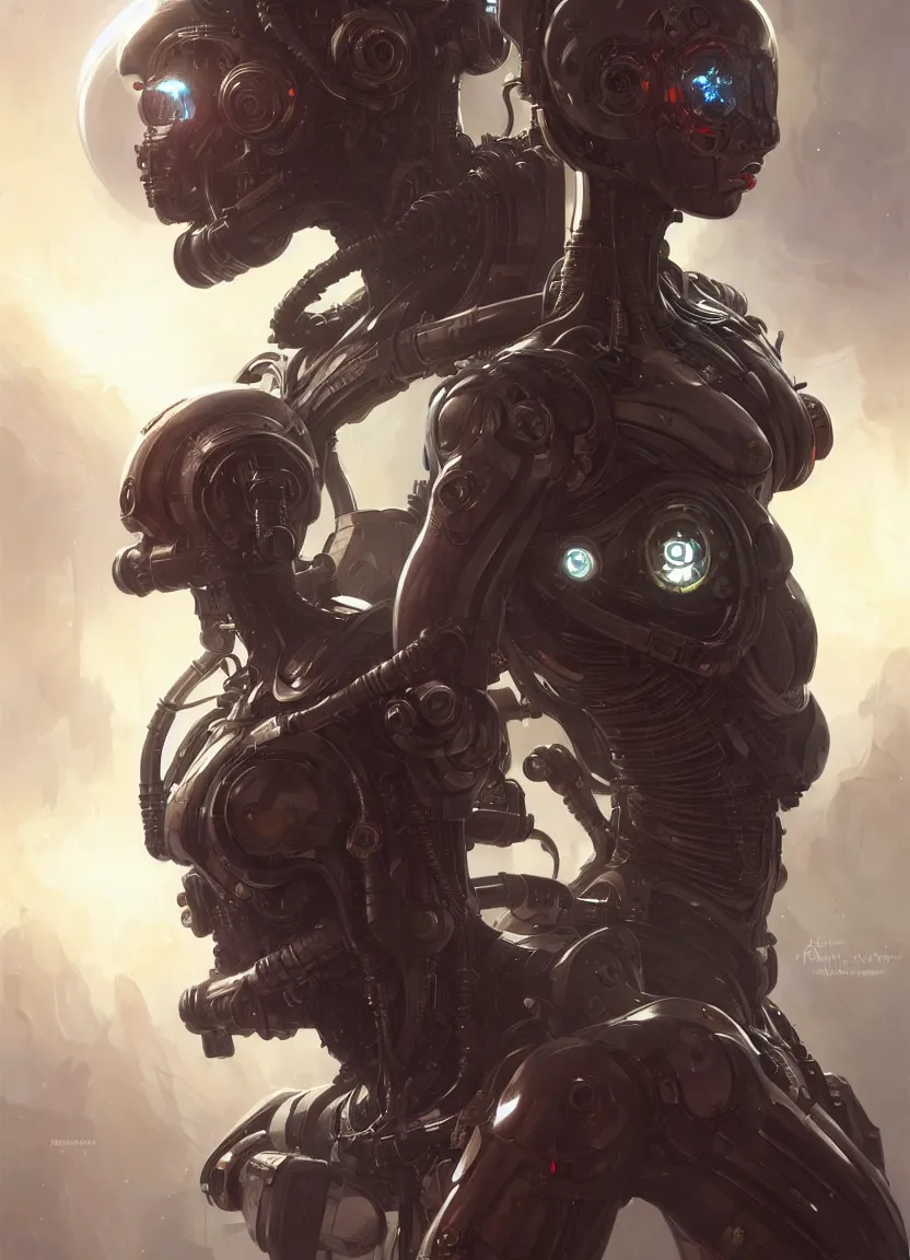 Image similar to cyborg alien bounty hunter with breathing apparatus, intricate, elegant, highly detailed, digital painting, artstation, concept art, matte, sharp focus, illustration, art by artgerm and greg rutkowski and alphonse mucha