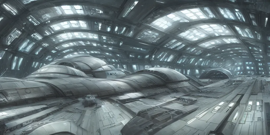 Image similar to one thousand aligned cryogenic pods, spaceship hangar, symmetrical, sci-fi, cryogenic pods, many cryogenic pods, interior, fantasy, 4k, wide shot, matte painting, oil painting, concept art, art station, star wars style