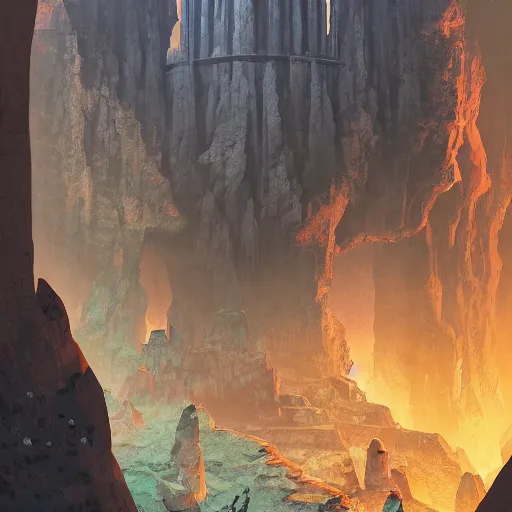 Image similar to view of the entrance to a dungeon of the gods at the base of an ancient mountain, realistic lighting, dark, foreboding, highly detailed, chaotic small details, behance hd, makoto shinkai and lois van baarle, ilya kuvshinov, rossdraws, global illumination