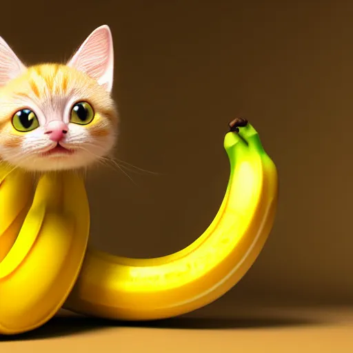 Prompt: cute banana cat, vray render, 50mm lens, bottom angle