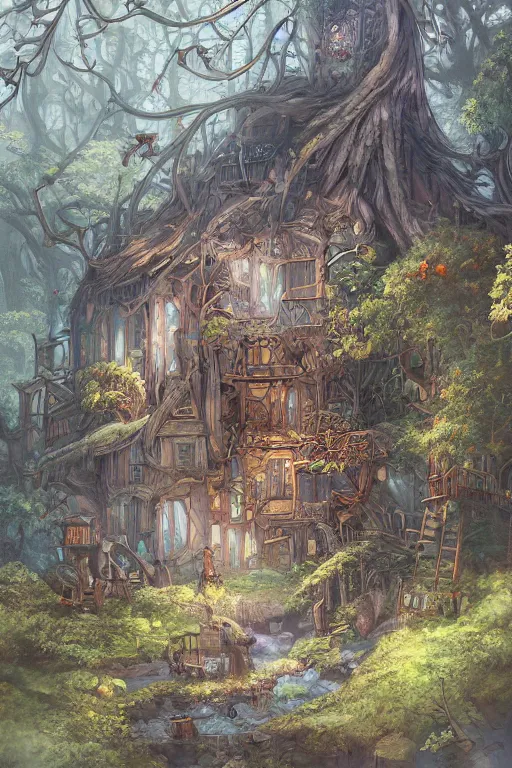 Image similar to a storybook illustration of a ramshackle multistory fairytale hut in the forest, intricate, elegant, fantasy, highly detailed, digital painting, concept art, sharp focus, artstation