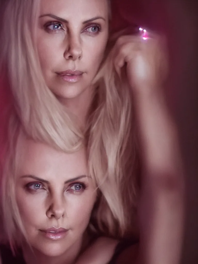 Prompt: photograph of Charlize Theron illuminated by red light , night , 85 mm f1.4