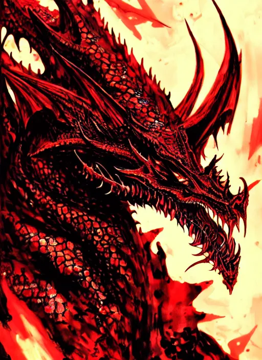 Image similar to A dragon with ornate red and gold scales, blue eyes, breathing fire. In style of Yoji Shinkawa and Hyung-tae Kim, trending on ArtStation, dark fantasy, great composition, concept art, highly detailed.