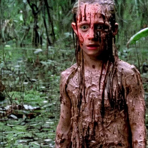 Image similar to cinematic still of macaulay culkin age 8, covered in mud and watching a predator in a swamp in 1 9 8 7 movie predator, hd, 4 k