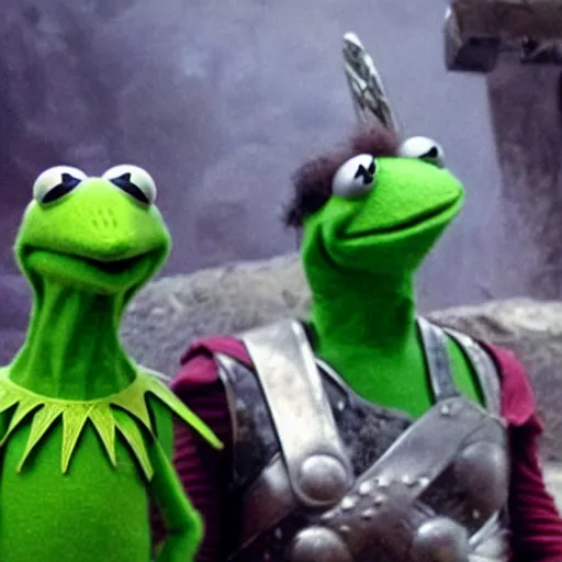 Image similar to photo of Kermit the frog as thor god of thunder in averngers movie