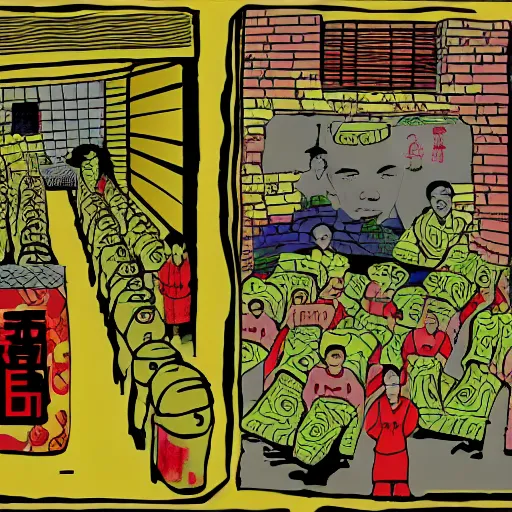 Image similar to a chinese prison, in the style of daniel johnston and outsider art, 8 k, line brush, overlaid with chinese adverts