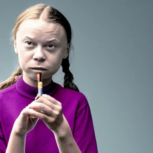 Image similar to hyper - realistic studio photograph of greta thunberg smoking a cigarette