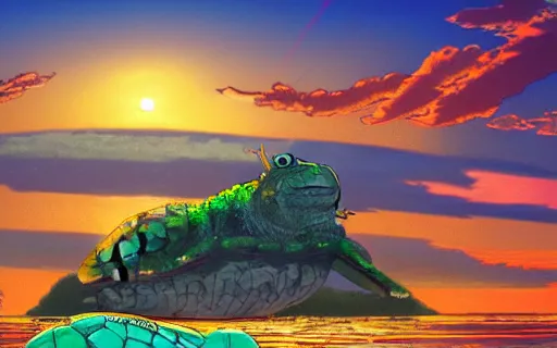 Prompt: an island with a giant castle on top of a giant turtle in the ocean, sunset, art by hayao miyazaki, studio ghibli film, hi res, 4k, high detail